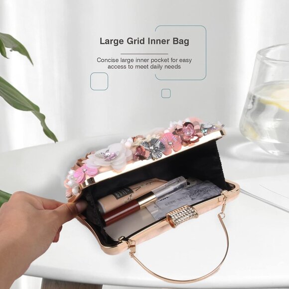 Women's Lanpet Flower Clutches Evening Shoulder Chain Strap Wristlet Pink Bag - Picture 4 of 6